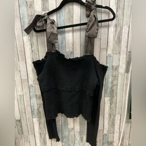Anthropologie Black Grey Ribbon Tie Cold Shoulder Top Sz M